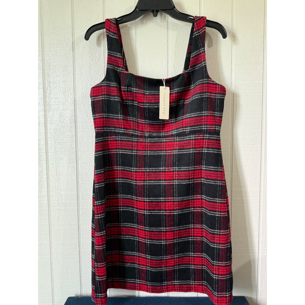Copper Key Red Black Plaid Wool Blend Square Neck Mini Dress Medium NWT